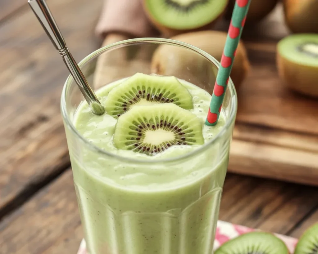 Smoothie kiwi banane délicieux dans un verre, avec des morceaux de fruits frais.