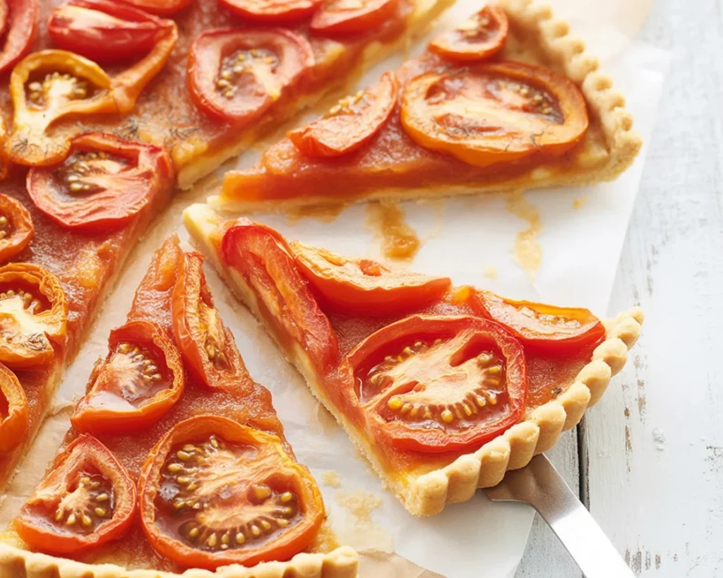 Tarte fine à la tomate et moutarde, garnie de fêta et de tomates fraîches