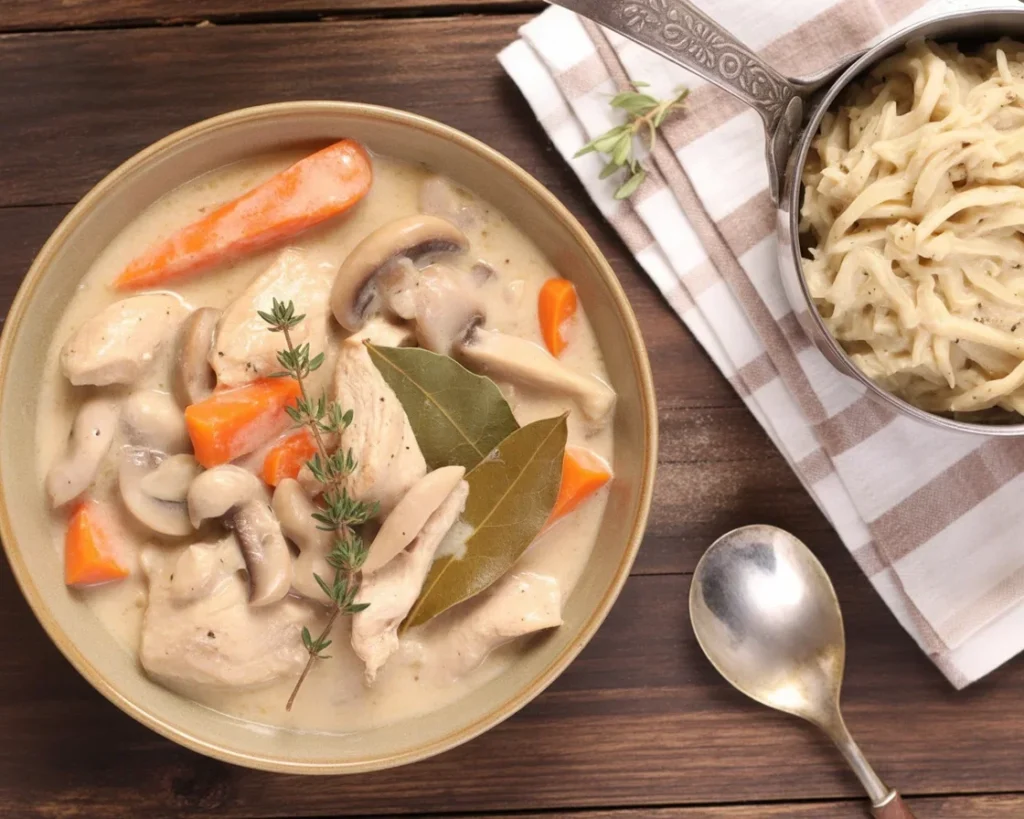 Blanquette de veau traditionnelle cuisinée avec des légumes et des aromates.
