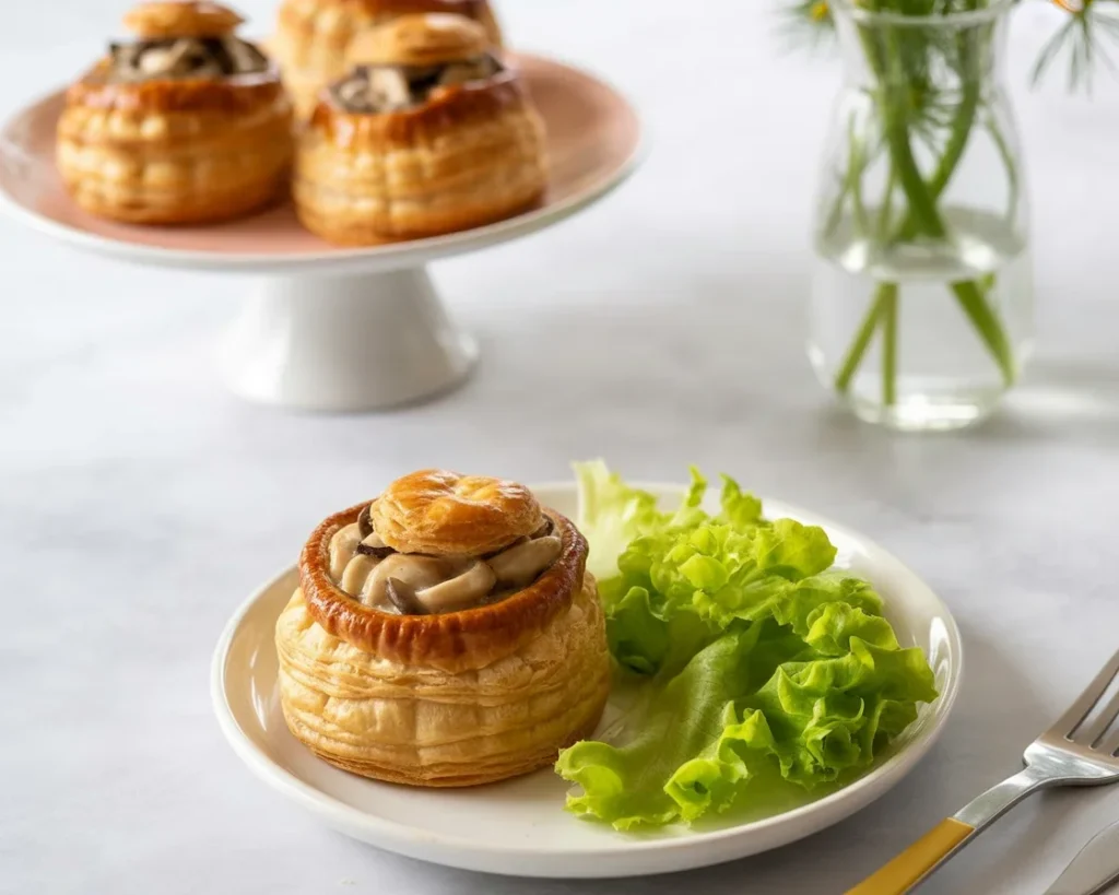 Bouchées à la reine aux champignons servies en pâte feuilletée avec sauce.
