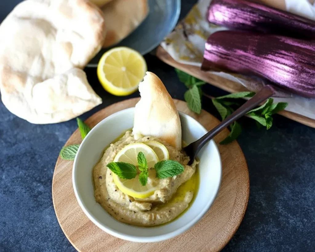 Caviar d'aubergines au citron confit avec sauce au sésame, plat savoureux et coloré