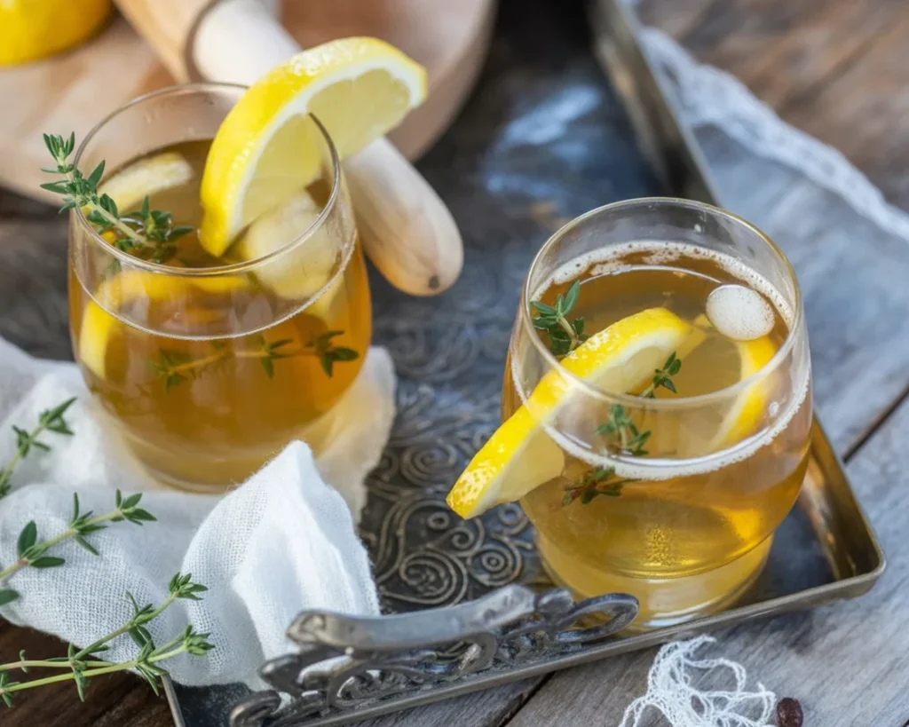 Citronnade maison au thym avec tranches de citron et branches de thym frais.