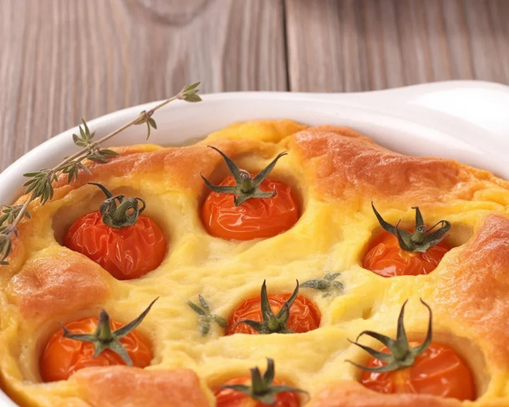 Clafoutis salé aux tomates cerises, facile et rapide, à base de lait et œufs.