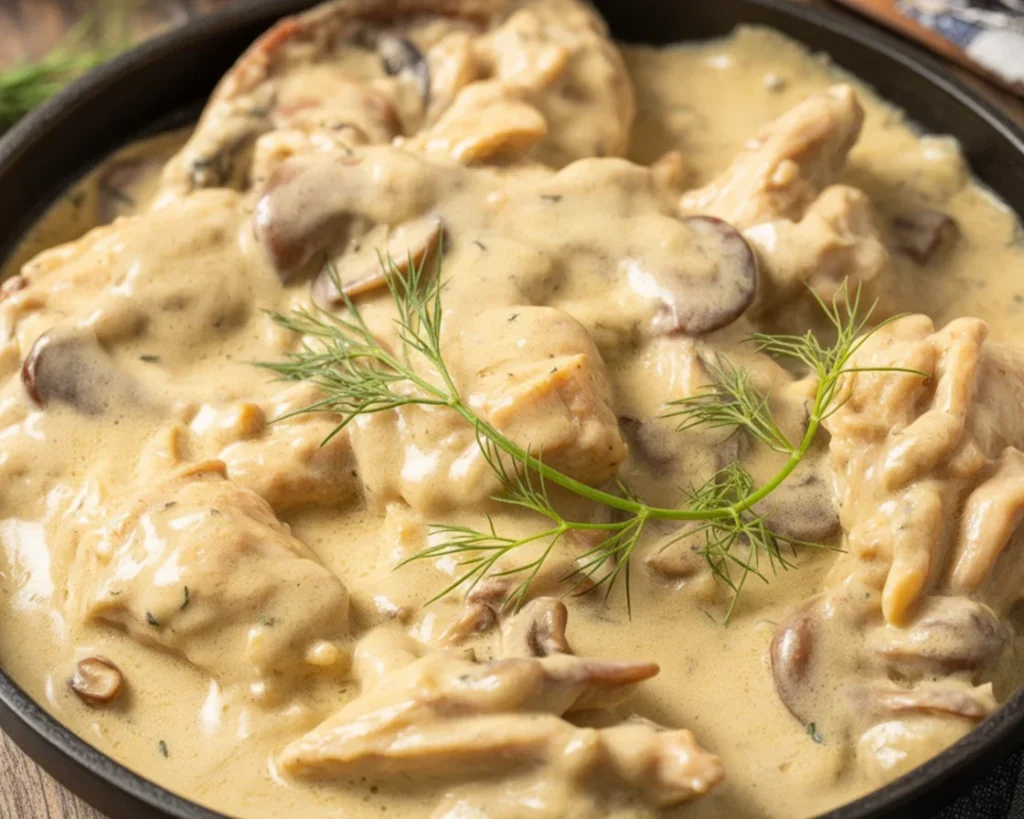 Emincé de poulet à la moutarde ancienne avec oignons et crème dans une assiette