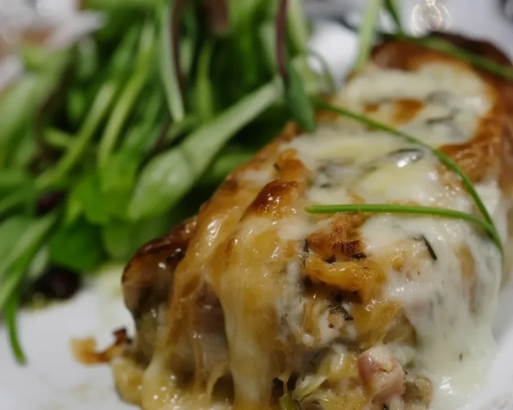 Ficelle Picarde Gratinée - crêpe salée avec jambon et champignons au four