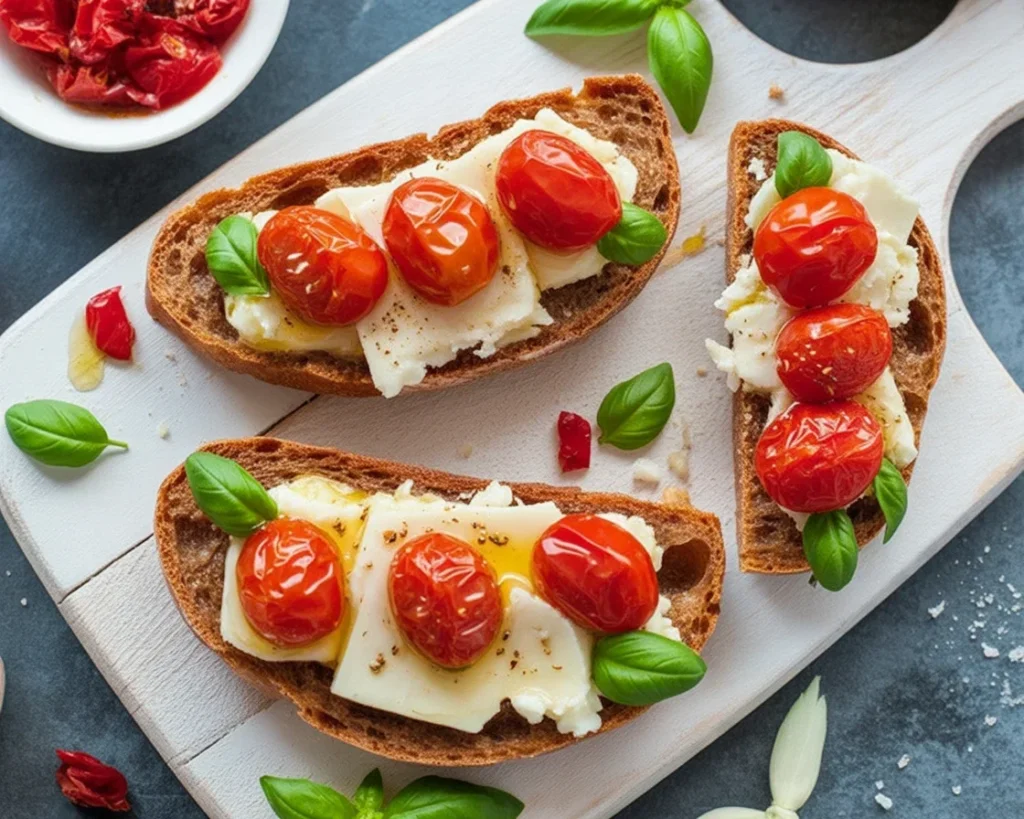 Recette de bruschetta avec tomates confites et basilic sur pain croustillant