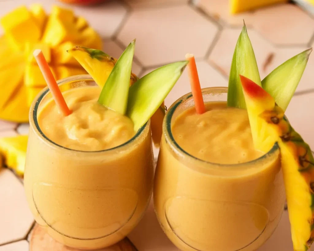 Smoothie à la mangue et à l'ananas, un mélange tropical de fruits frais.
