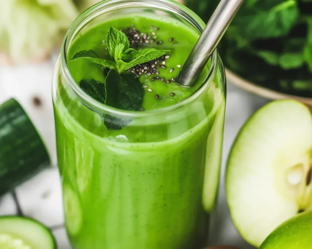 Recette de smoothie vert detox maison avec épinards, fruits, et gingembre.