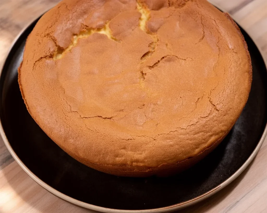 Gâteau de Savoie moelleux sur un plat blanc avec un décor printanier