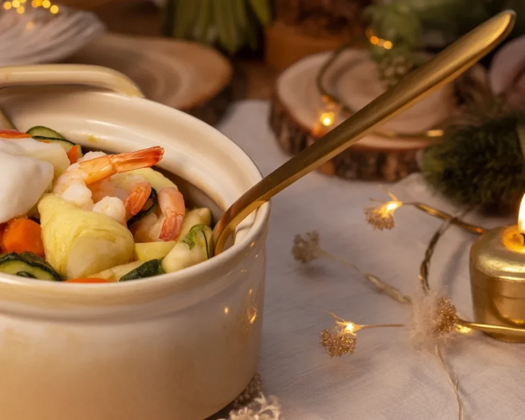 Cassolette de poissons et fruits de mer crémeux au vin blanc et safran.