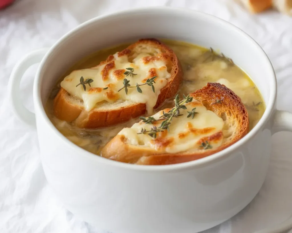 Soupe à l'oignon gratinée dans un bol, garnie de fromage fondant et de pain grillé.