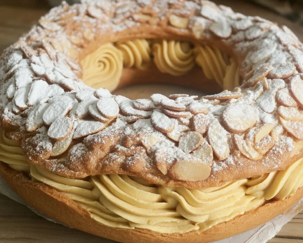 Un délicieux Paris-Brest Facile, garni de crème pralinée, sur une assiette ornée de noisettes.