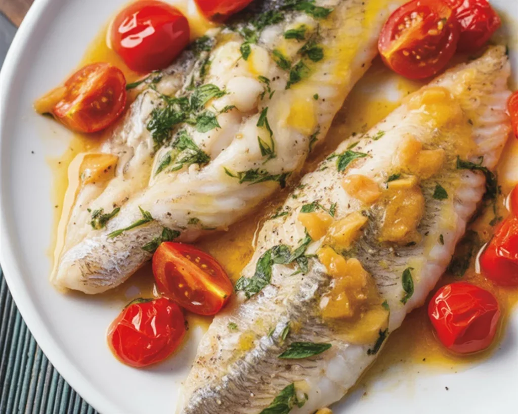 Filets de sole cuisinés avec une sauce citron crémeuse, servis avec des pommes de terre.