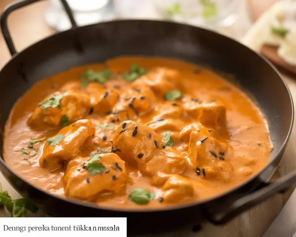 Poulet Tikka Massala avec morceaux de poulet et sauce crémeuse épicée.