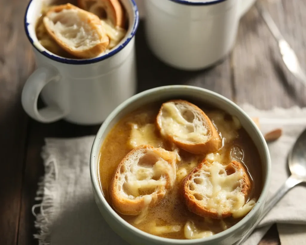 Soupe oignon gratinée avec oignons caramélisés et fromage Gruyère, servie dans un bol.