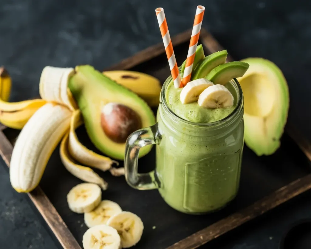 Smoothie banane avocat amande dans un verre avec des ingrédients frais à côté.