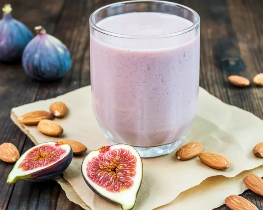 Smoothie aux figues fraîches et lait d’amande dans un blender.