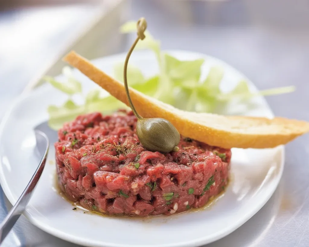 Tartare de bœuf classique préparé avec viande de qualité et assaisonnements