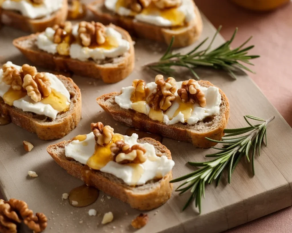 Tartine chèvre frais, noix et miel prête pour un apéritif délicieux.