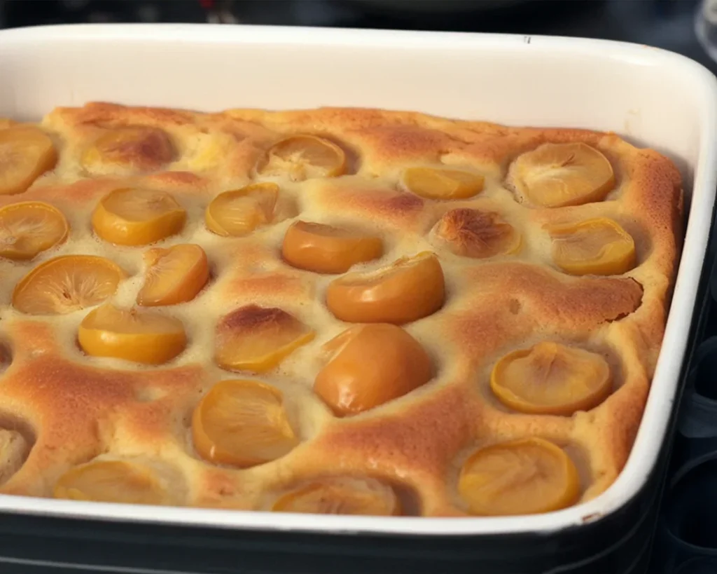 Clafoutis aux mirabelles chaud sorti du four, prêt à être dégusté.